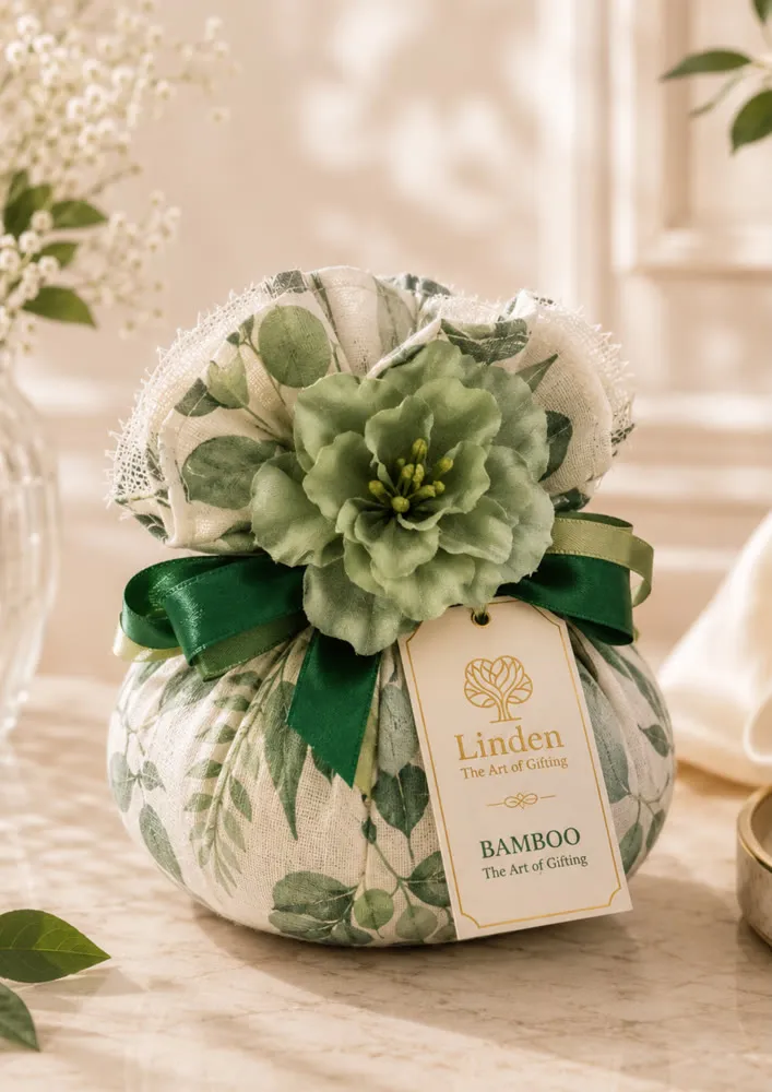 Buquê de gaveta Bamboo: sachê perfumado de 7×7 cm com acabamento verde e laço