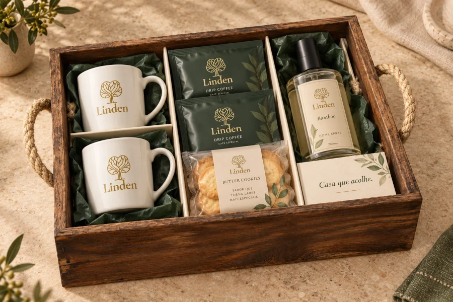 Casa que acolhe · kit completo Linden em Bandeja retangular rústica · alças de sisal