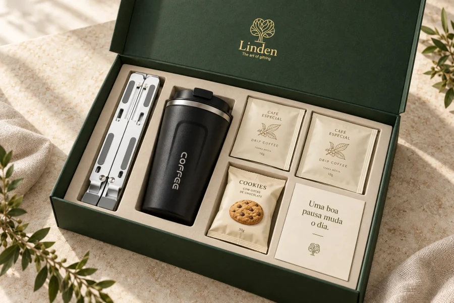 Entre Reuniões e um Bom Café · proposta ilustrativa de kit completo Linden