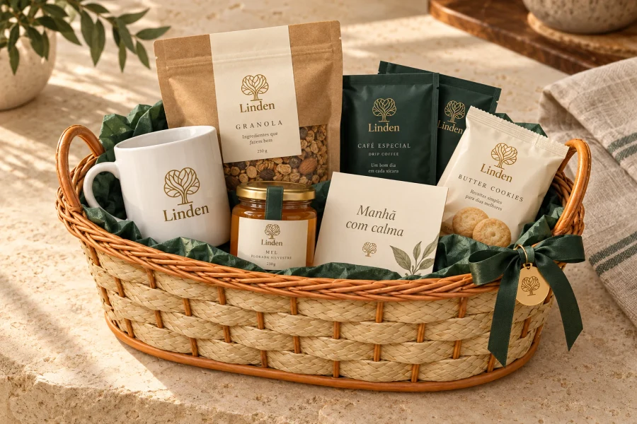 Manhã com calma · kit completo Linden em Cesta oval trançada · duas alças laterais