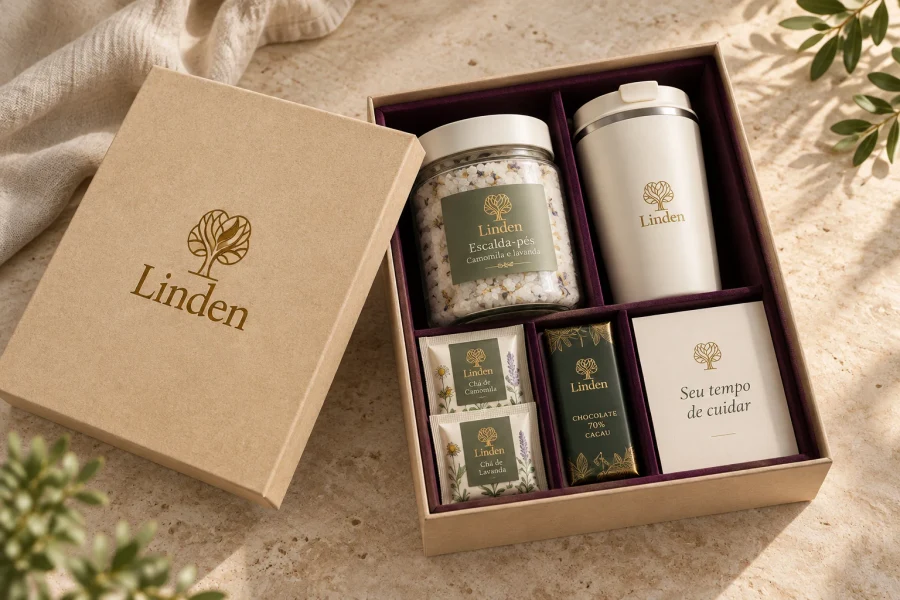 Seu tempo de cuidar · kit completo Linden em MDF natural · tampa solta · interior vinho