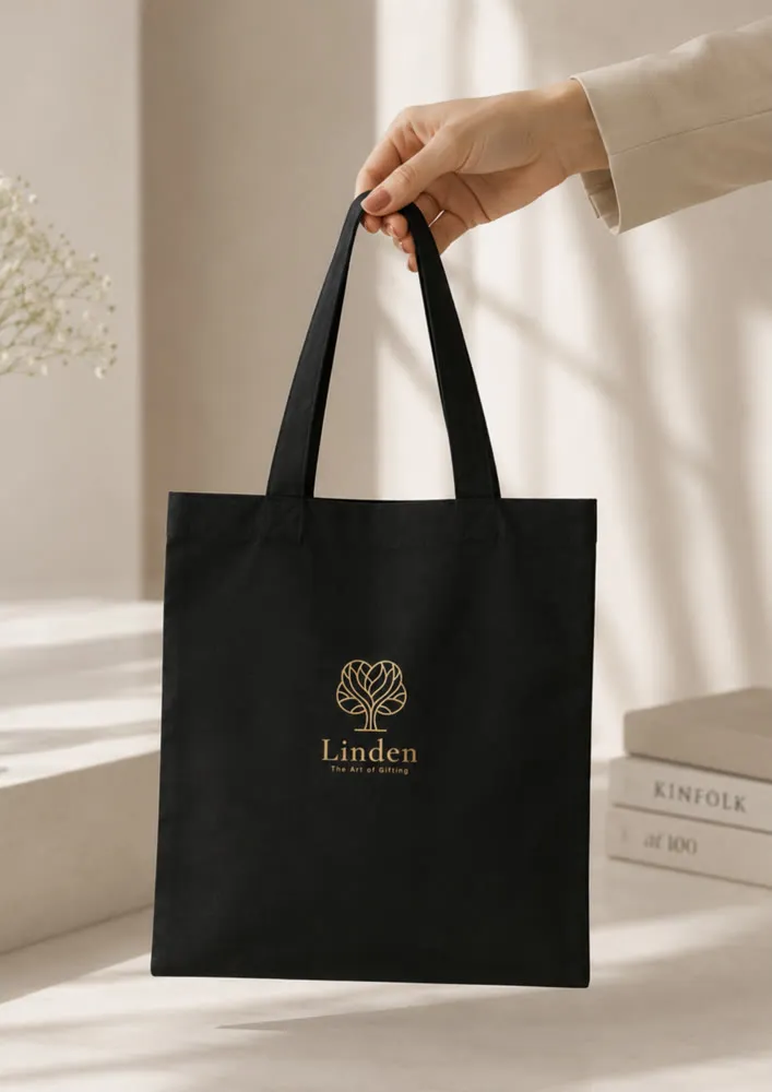 Ecobag de algodão preto, 30×40 cm, com alça trançada e área para personalização da marca
