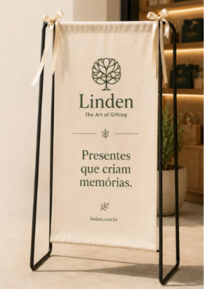Ecobanner em tecido ecológico com a marca impressa e suporte próprio de piso