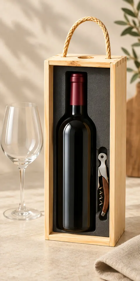 Estojo para vinho em madeira pinus natural com alça de sisal