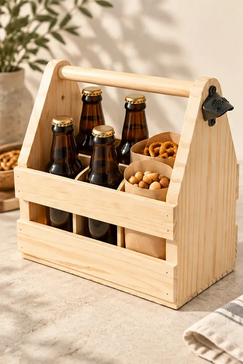 Porta-bebidas em madeira pinus natural com abridor de garrafas integrado