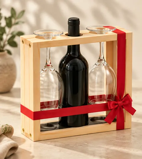 Suporte em madeira pinus natural para uma garrafa de vinho e uma taça