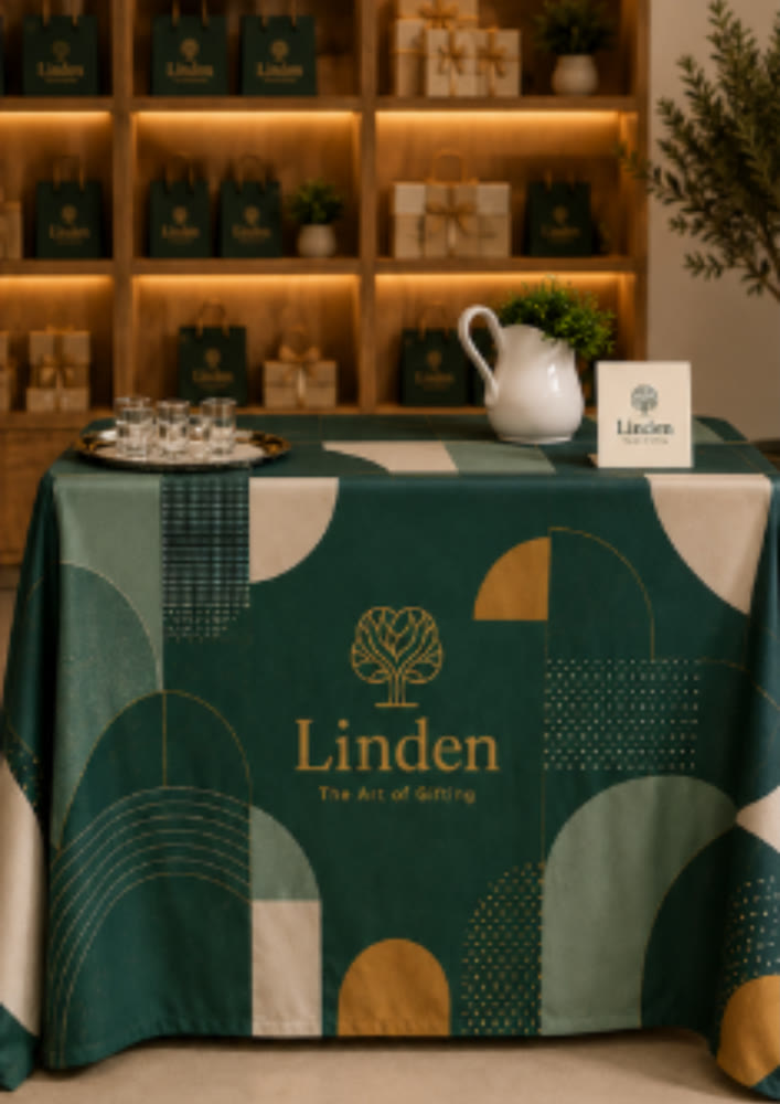 Mesa de marca em evento, projeto Linden