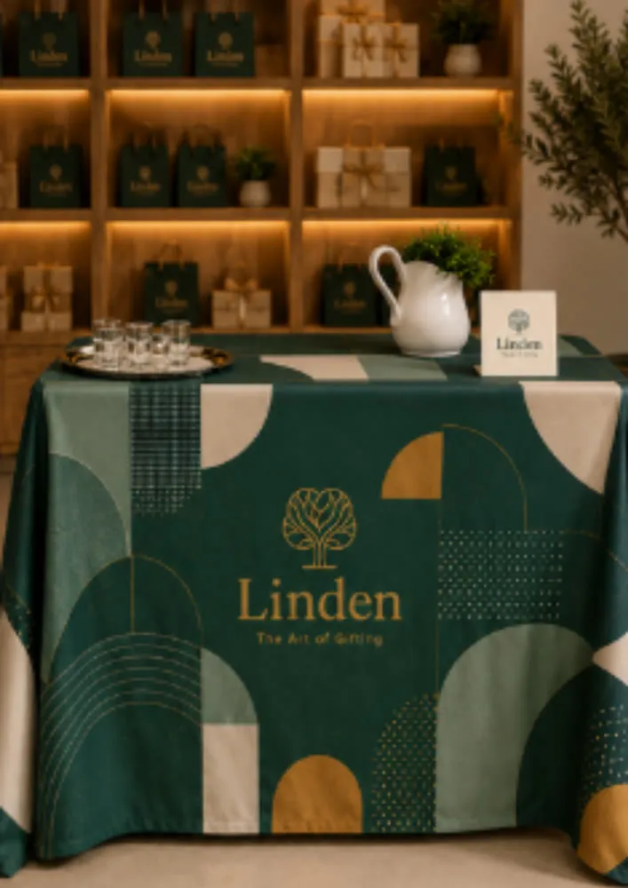 Toalha de mesa personalizada com padronagem exclusiva da marca, para estandes e ativações